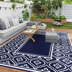 Reversible Outdoor Rug, Waterproof Plastic Straw with Carry Bag, 9' x 12', Blue & White Gourd Border