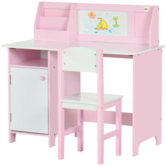 Qaba Toddler Table and Chair Set, Kids Writing Desk Homework Table with Whiteboard, Storage Cabinet, Pink