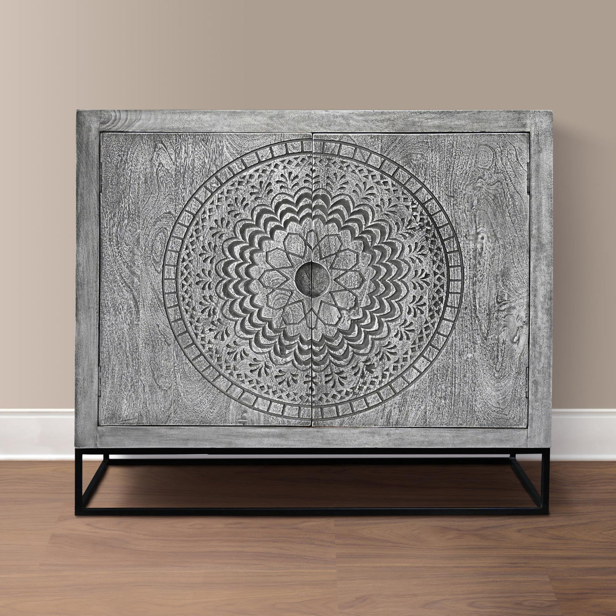 Sun 39 Inch Handcrafted Accent Cabinet with 2 Doors, Medallion Engraved, Sandblasted Gray Mango Wood, Black Iron Framed Stand