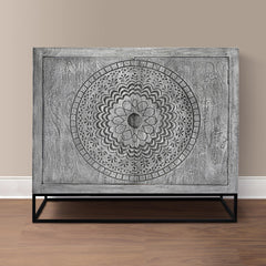 Sun 39 Inch Handcrafted Accent Cabinet with 2 Doors, Medallion Engraved, Sandblasted Gray Mango Wood, Black Iron Framed Stand