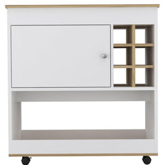 Helen Bar Cart, Lower Panel, Six Bottle Cubbies, One Cabinet -Light Oak / White