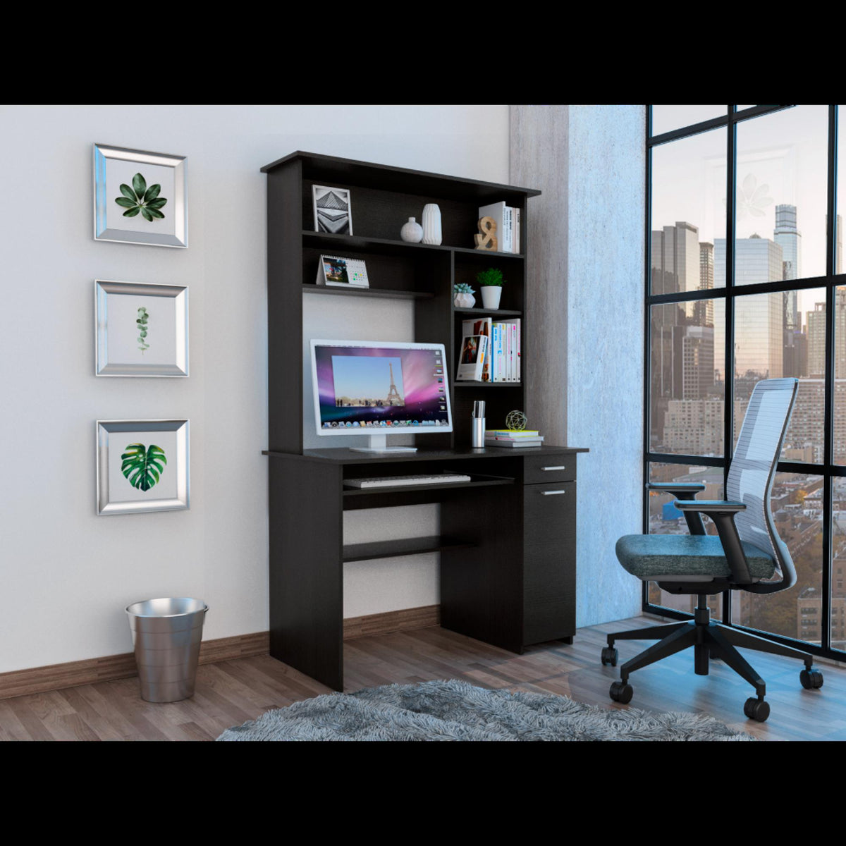 Clytemnestra 180 Hutch Desk, Multiple Shelves, Keyboard Tray, CPU anel, One Drawer -Black