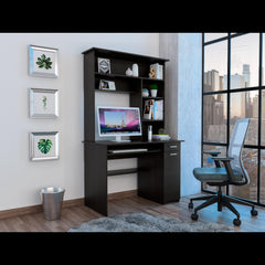Clytemnestra 180 Hutch Desk, Multiple Shelves, Keyboard Tray, CPU anel, One Drawer -Black