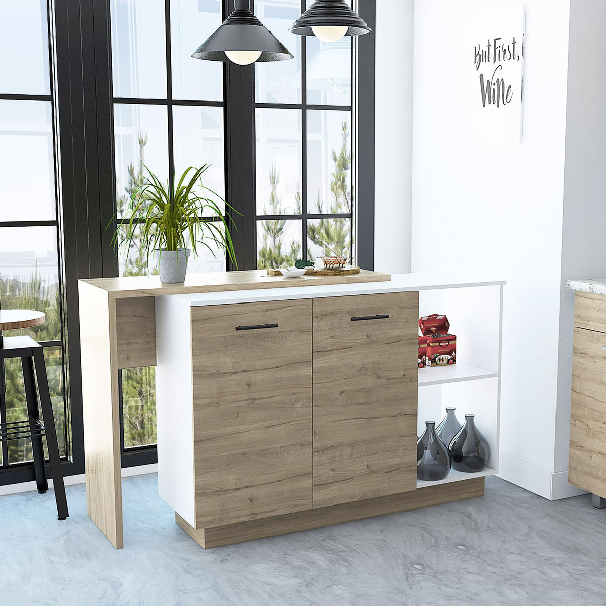 Galaxy Kitchen Island, Two External Shelves, Double Door Cabinets, Three Shelves -White / Light Oak