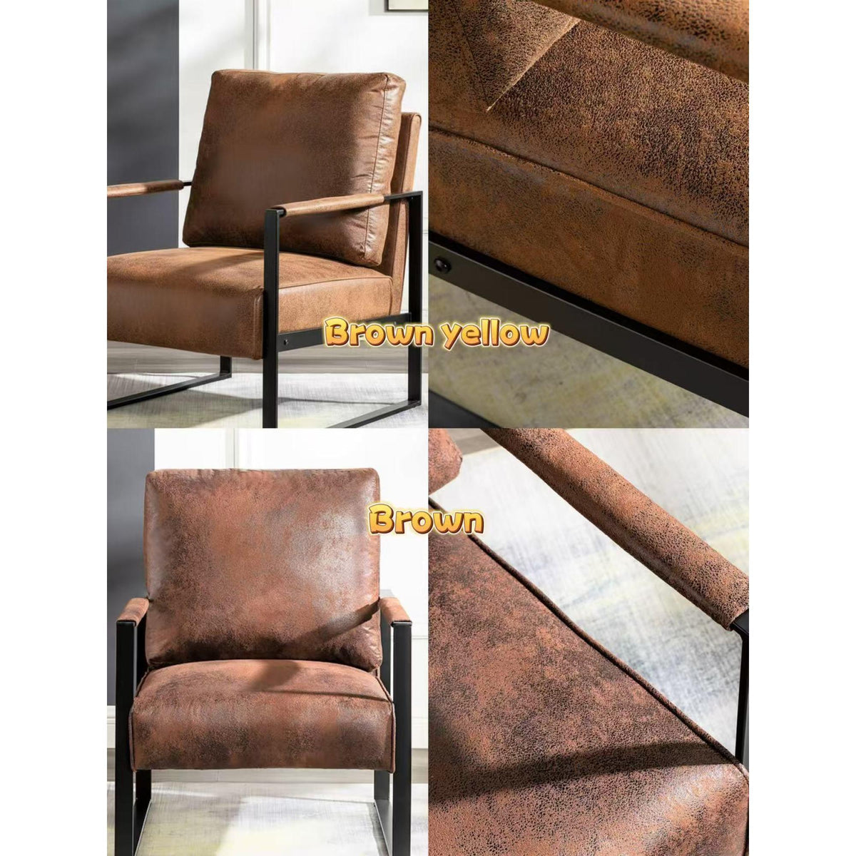 Classic Mid Century Modern Accent Chair with Durable Square Metal Frame, Armchair for Living Room, Bedroom, Home Office in Spotted Microfiber Upholstery, Yellow Brown
