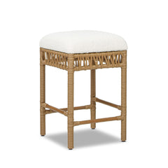 Demeter 25.5" Backless Upholstered Counter Stool with Resin Rattan Frame, Ivory White Boucle