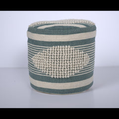 Log Handcrafted Fabric Cylindrical Pouf, White and Teal