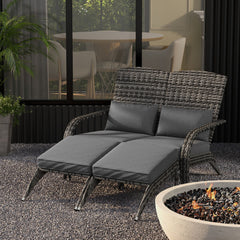 Wicker Adirondack Chair for 2 with Cushions & Footrests, PE Rattan Double Chaise Lounge Chair, Fire Pit Chair for Porch with High-back, Wide Armrests, Mixed Gray