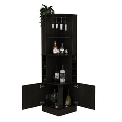 Asteroid bar cabinet 71" H, with two shelves at the top, 1 glass holder, 8 exterior bottle racks, 1 central shelf and a lower drawer with 2 side doors, black