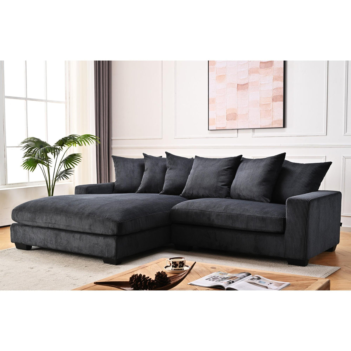 Odysseus Oversized Two-Piece Left Facing Sectional Couches for Living Room, 102.4-Inch L Shaped Sofa with Chaise, Upholstered with Corduroy Fabric, Black