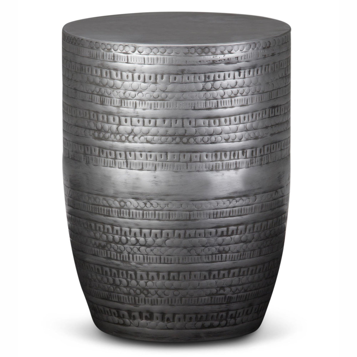 Perseus 15 inch Wide Tribal Pattern Metal Accent Table in Antique Silver