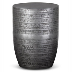 Perseus 15 inch Wide Tribal Pattern Metal Accent Table in Antique Silver