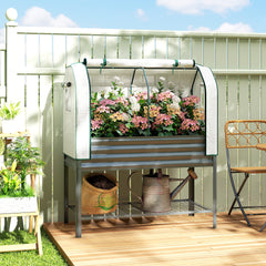 Galvanised Raised Garden Bed with Greenhouse Cover, Metal Elevated Garden Bed with Bed Liner, Bottom Shelf, Dark Gray
