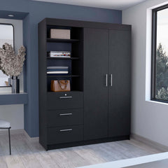Astyanax 3 Drawers Armoire, Double Door, 3-Tier Shelf -Black