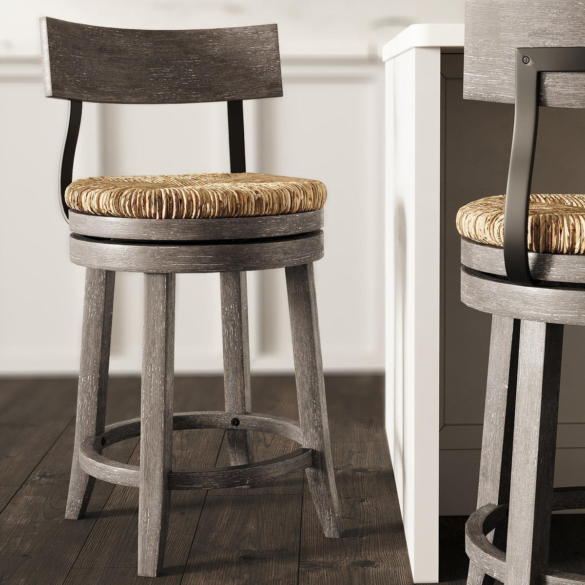 26" Wood Counter-Height Bar Stool with Natural Seagrass Seat, Reclaimed Gray, 1PC