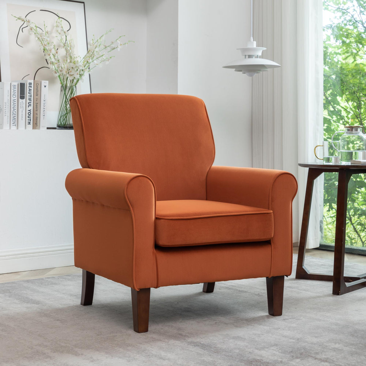 Traditional Rolled Arm Armchair, Solid Birch Wood Frame with Tapered Brown Legs, Polyester Blend Printed Cloth Upholstered Chair with Foam Filled Seat for Living Room Office