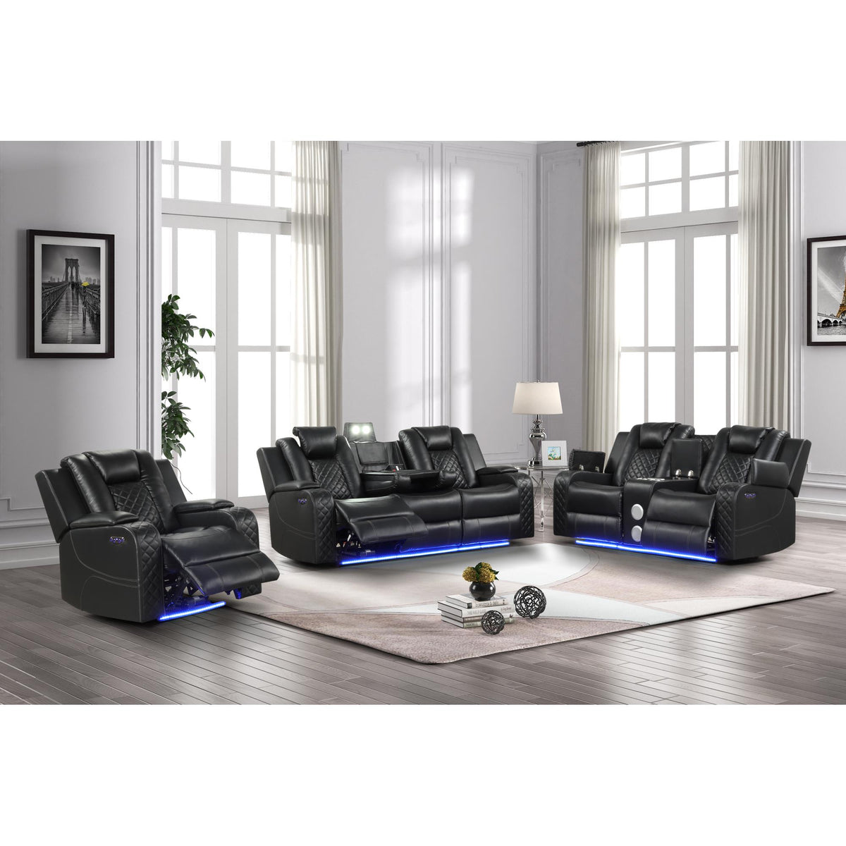 WALTZ LED & Power Recliner 3 PC Made With Faux Leather in Black
