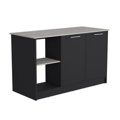 Poem Kitchen Island with Large Top Surface, Double Door Cabinet, and Open Shelves Black / Ibiza Marble