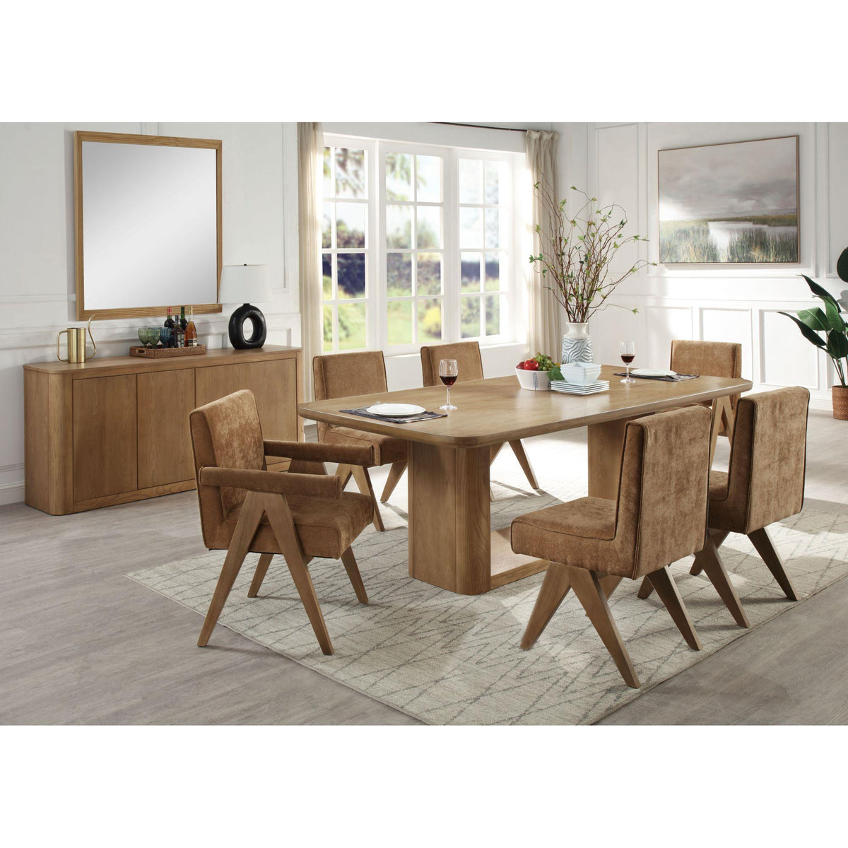 Paradise 7-Piece Light Oak Finish Dining Set with Upholstered Chairs and Rectangular Pedestal Table