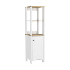 Linen Single Door Cabinet 59" H, Two Interior Shelves, Two Open Shelves, Light Oak / White
