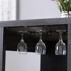 Home Bar Table with Wine Glass Compartment and Three Shelves in Distressed Grey & Black