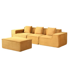 Moon Convertible Corduroy Sectional Couch with Ottoman & Pillows, Modular L Shaped Sleeper Sofa, Boneless Cloud Couch for Living Room Furniture, Ginge Yellow