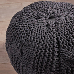 Poseidon Knitted Cotton Round Pouf, Dark Gray