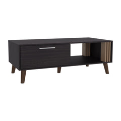 Rhea 47" Wide Coffee Table with One Open Shelf and One pull Down Cabinet Door, Living Room, Storage Black Wengue and Natural Oak