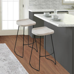 Neptune 30 Inch Handcrafted Backless Barstool, Whitewashed Mango Wood Saddle Seat, Black Metal Base