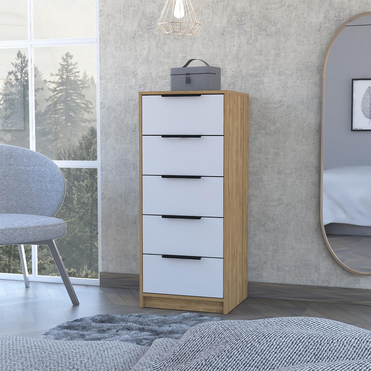 Lyra 5 Drawer Dresser, Vertical Dresser -White / Pine