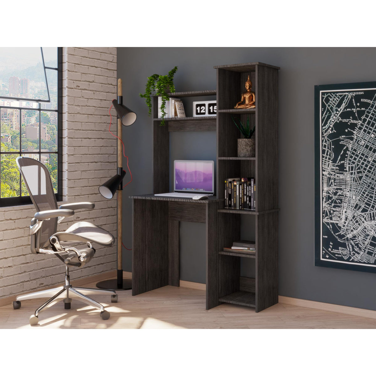 Asteroid Desk, Five Shelves, Two Superior Shelves, Smokey Oak