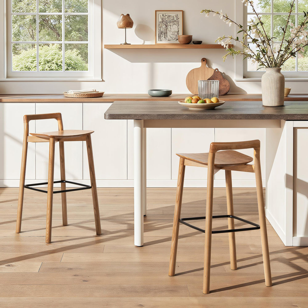 Shangri-La 30" Modern Minimalist Low Back Wood Barstool, Natural Blonde Ash Wood
