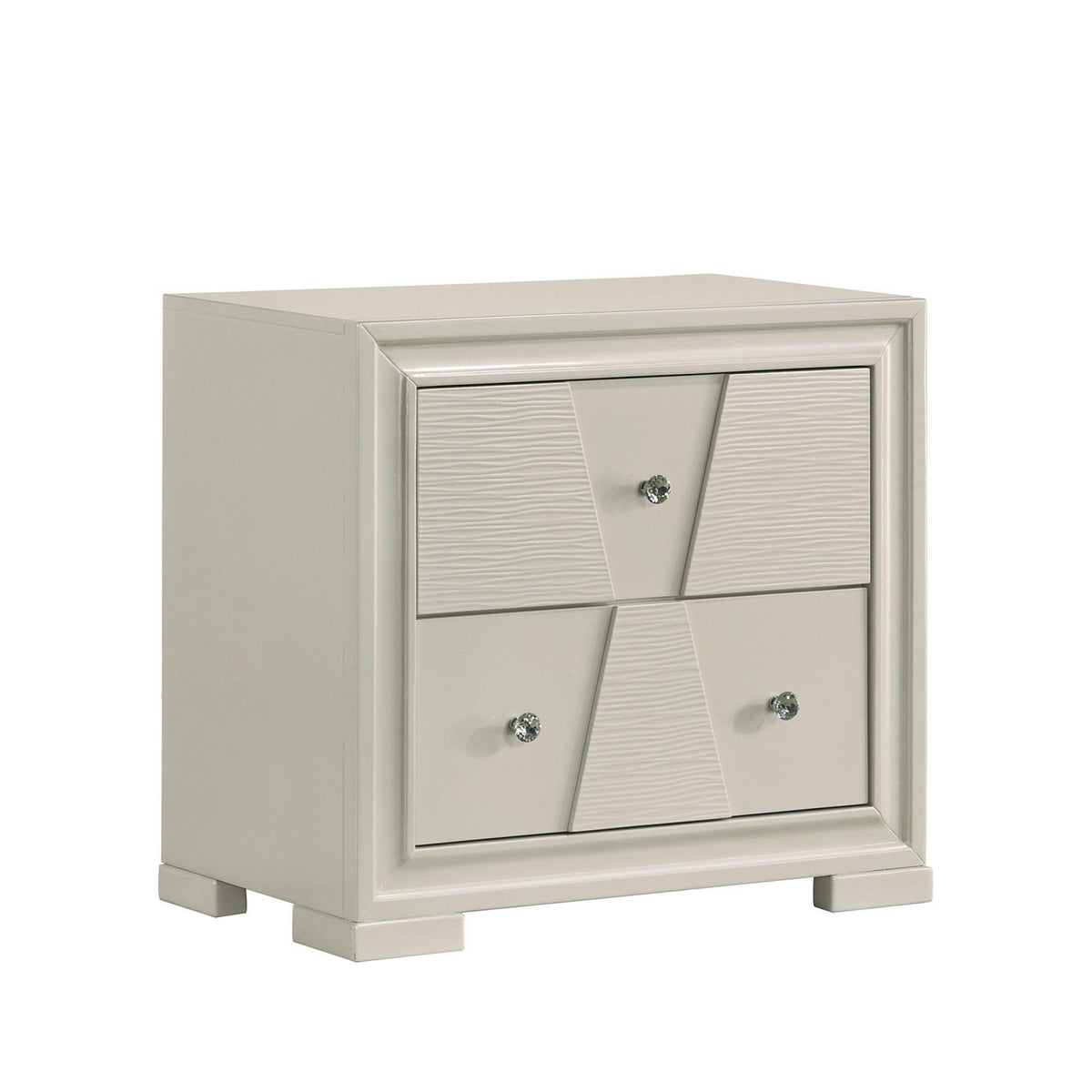 Oasis Trapezoid Front Panels Nightstand English Dovetail Drawers Round Knobs Central Metal Glide White Finish Bedroom Furniture
