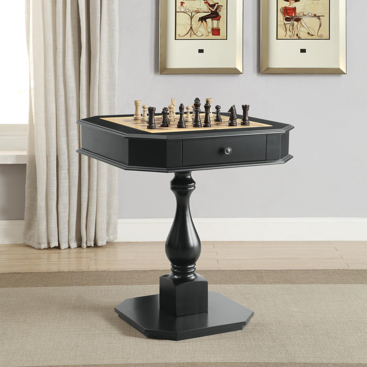 Celestia Black Finish Reversible Chess Checker Game Table w/Game Tray (Chess Fingures Not Included)