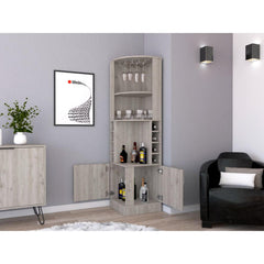 Asteroid bar cabinet 71" H, with two shelves at the top, 1 glass holder, 8 exterior bottle racks, 1 central shelf and a lower drawer with 2 side doors, light gray