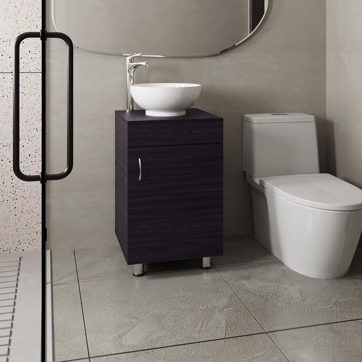 Aegisthus 18" Wide Free Standing One Door Vanity, With Vessel Porcelain Sink, Bathroom Storage, Black