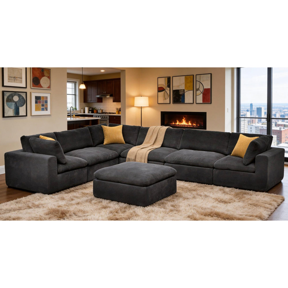 Coffee Bean Like Upholstery Full Compressed Modular Sectional with Toss Pillows