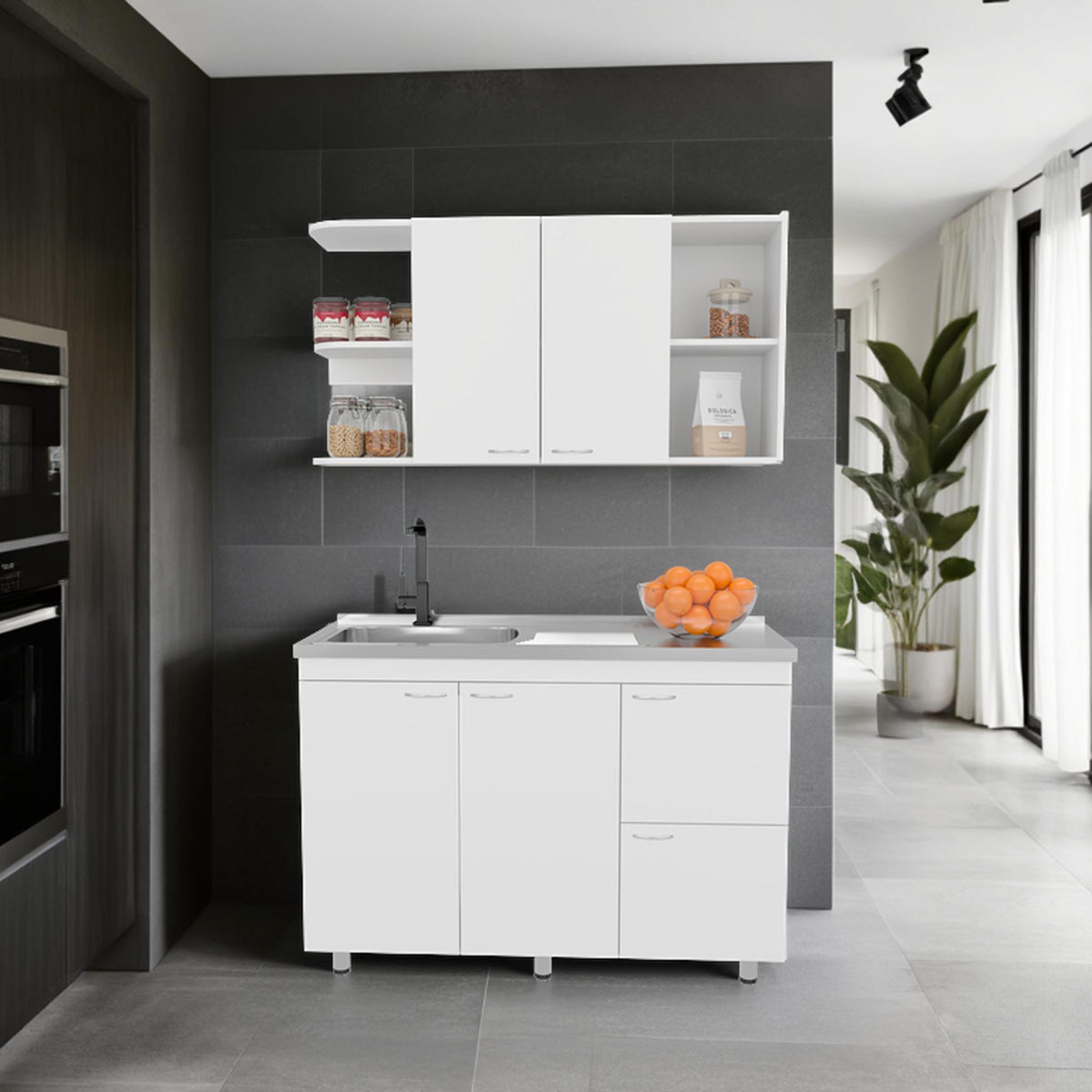 Showcase Kitchen Cabinet Set With Upper And Lower Storage, 4 Doors And Open Shelves, White
