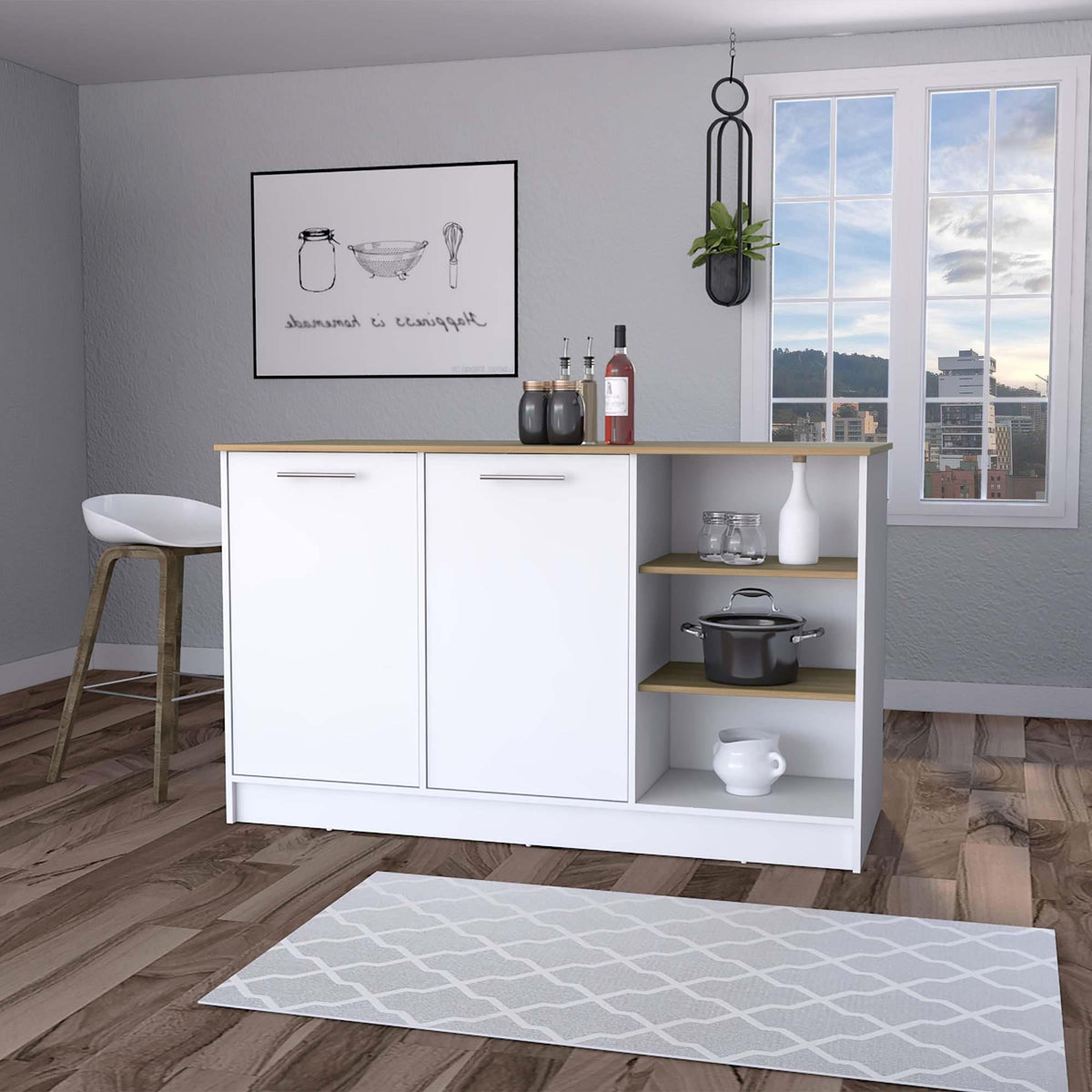 White and Ash 2-Door Kitchen Island with 3 Open Shelves