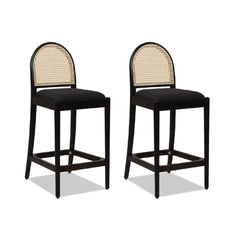 Neptune 26.5" Curved Back Cane Rattan Counter Stool, Set of 2, Ebony Black Boucle