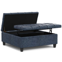 Aeneas 40 inch Wide Large Square Coffee Table Storage Ottoman in Denim Blue Vegan Leather