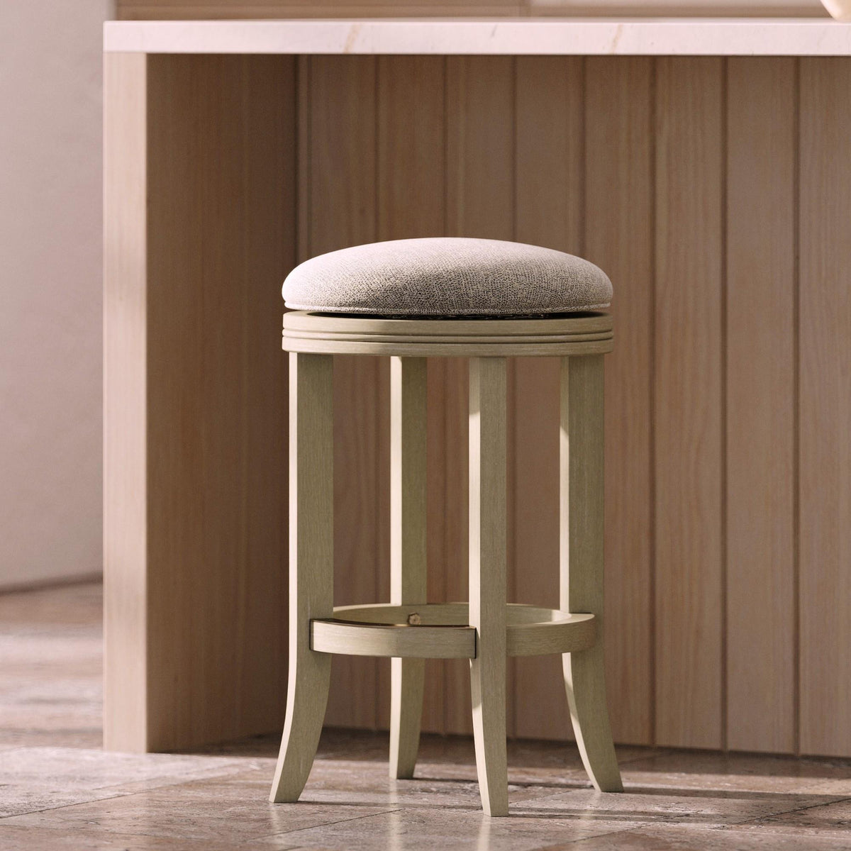 Sanctuary Counter-Height Backless Wood Swivel Barstool with Upholstered Seat, Distressed Ivory, 1PC