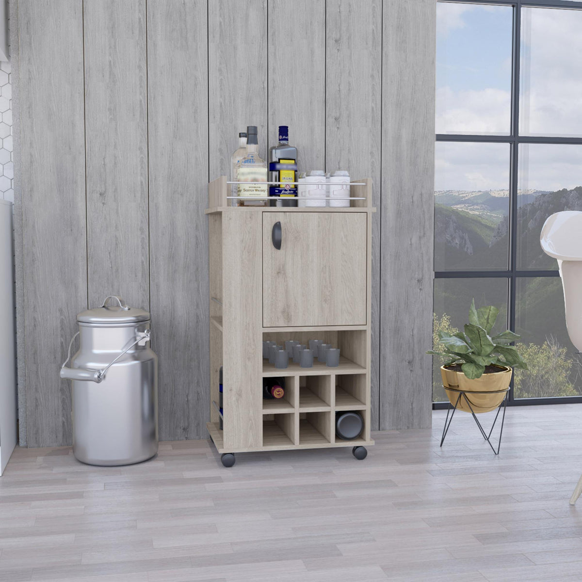 Fable Bar Cart with Cabinet, 6 Built-in Wine Rack and Casters