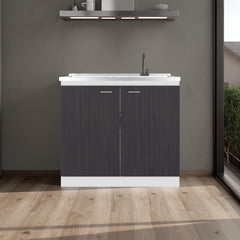 Pulsar Utility Sink with Faucet Inclued and Integrated Stainless Steel Counter top, Freestanding cabinet with two doors, Metal Handles and Two interior shelves, Black & White Print