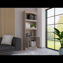 Bookcase, Three Shelves, Double Door Cabinet, Metal Hardware, Light Gray
