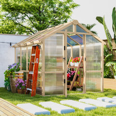 6.6 x 8 ft. Polycarbonate Greenhouse Wooden Walk-in Greenhouse Kit with Thickened Panels, Roof Vent, and Lockable Door