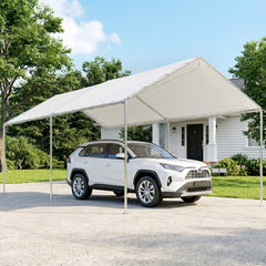 9.6' x 19.5' Carport Heavy Duty Galvanized Car Canopy w/ Included Anchor Kit, 3 Reinforced Steel Cables, White