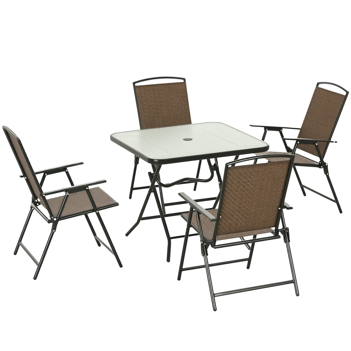 5 Pieces Patio Table and Chairs, Foldable Wicker Outdoor Dining Table Set with Umbrella Hole, Dark Brown