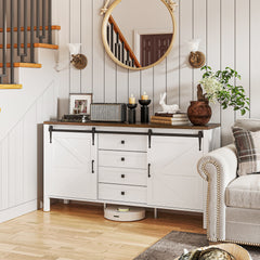 59" Buffet Cabinet, Farmhouse Sideboard with Thick Top, 2 Barn Doors, 4 Drawers and 2 Adjustable Shelves, White