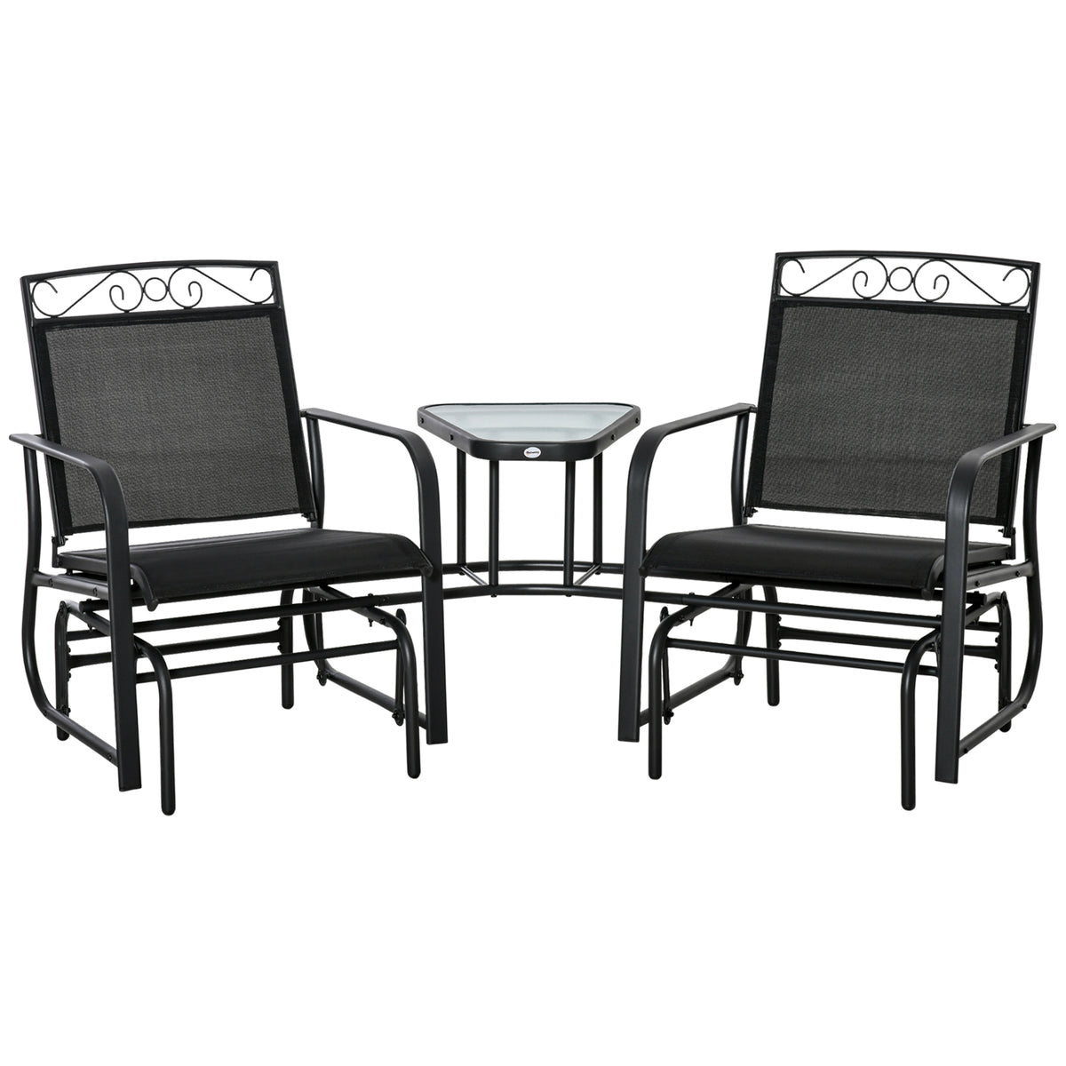 Outdoor Glider Chairs with Coffee Table, Patio 2-Seat Rocking Chair Swing with Breathable Sling for Backyard, Black